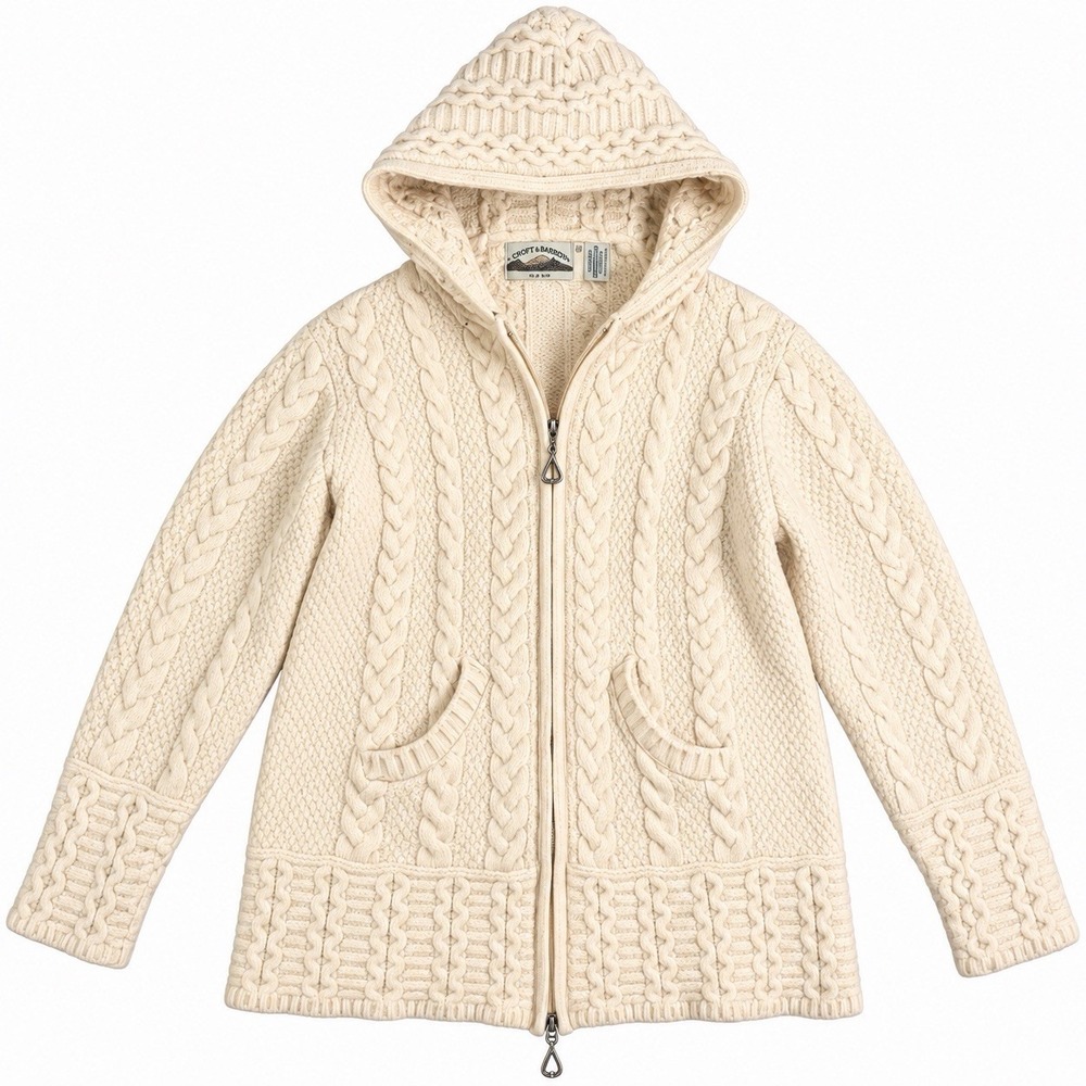 Aran Crafts Women's M Fits S  Merino Wool Full Zip Sweater Cable Ireland Ivory